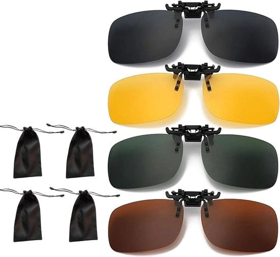 Chiusura Clip per Occhiali da Sole per Uomo Donna - Nero Miele Verde Giallo - Sopra gli Occhiali da Vista con 4 Tasche per Occhiali