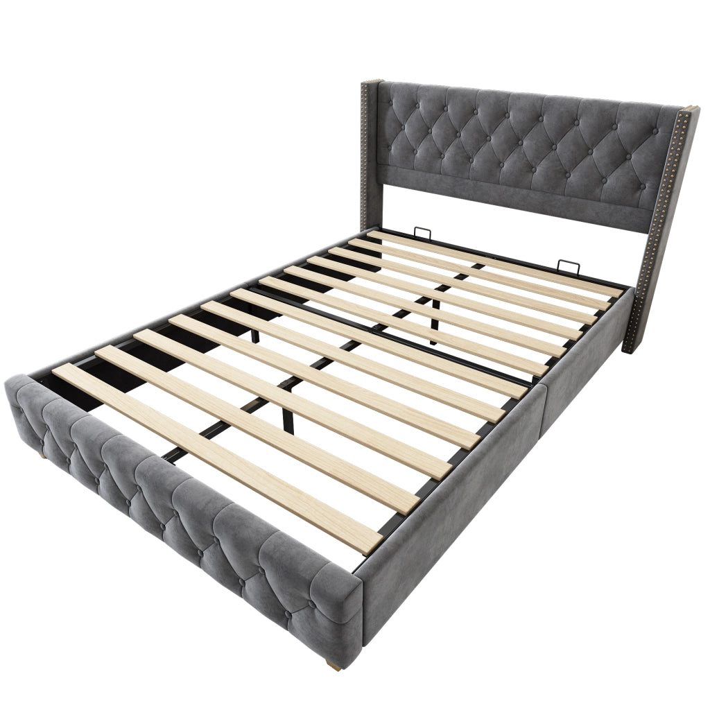OKWISH Letto Imbottito 160×200 cm, Letto Matrimoniale con Testiera Trapuntata, Borchie Decorative e Piedi in Legno, senza Materasso, Grigio