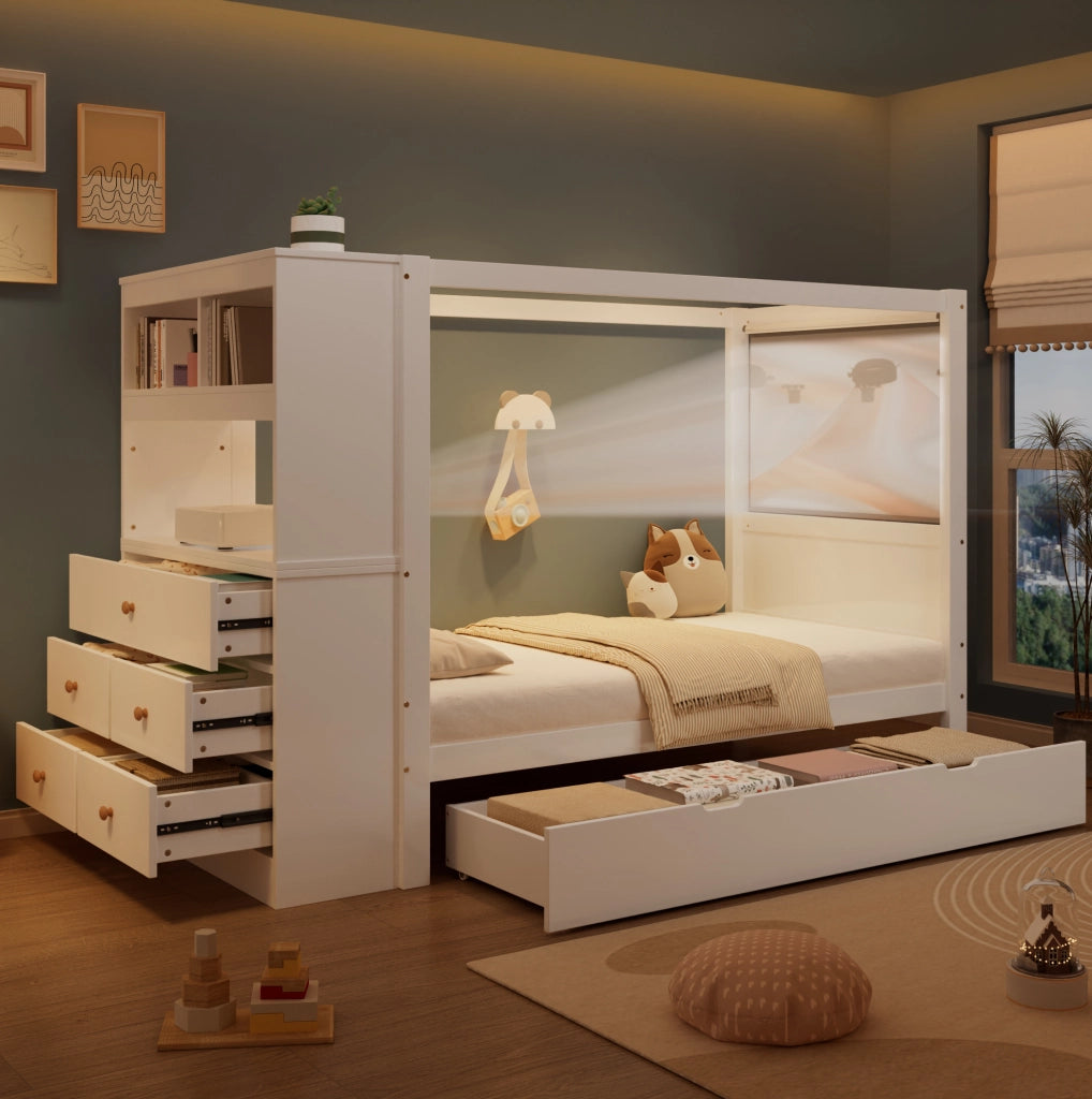 Letto singolo per bambini con sponda; armadio laterale e 5 cassetti; 90x200 cm; bianco