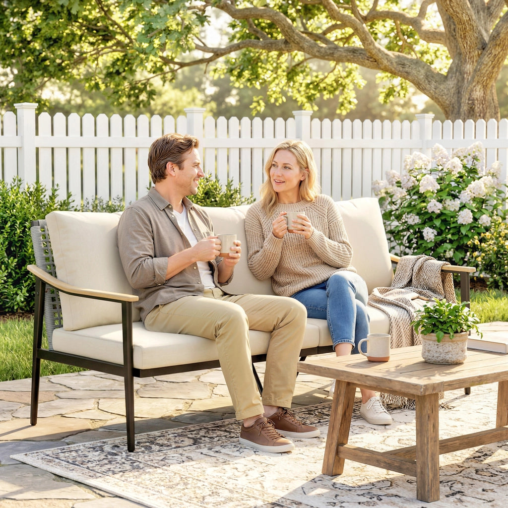 Divano da Esterno 3 Posti in Rattan con Braccioli Legno ¨C Minimal ¨C Grigio
