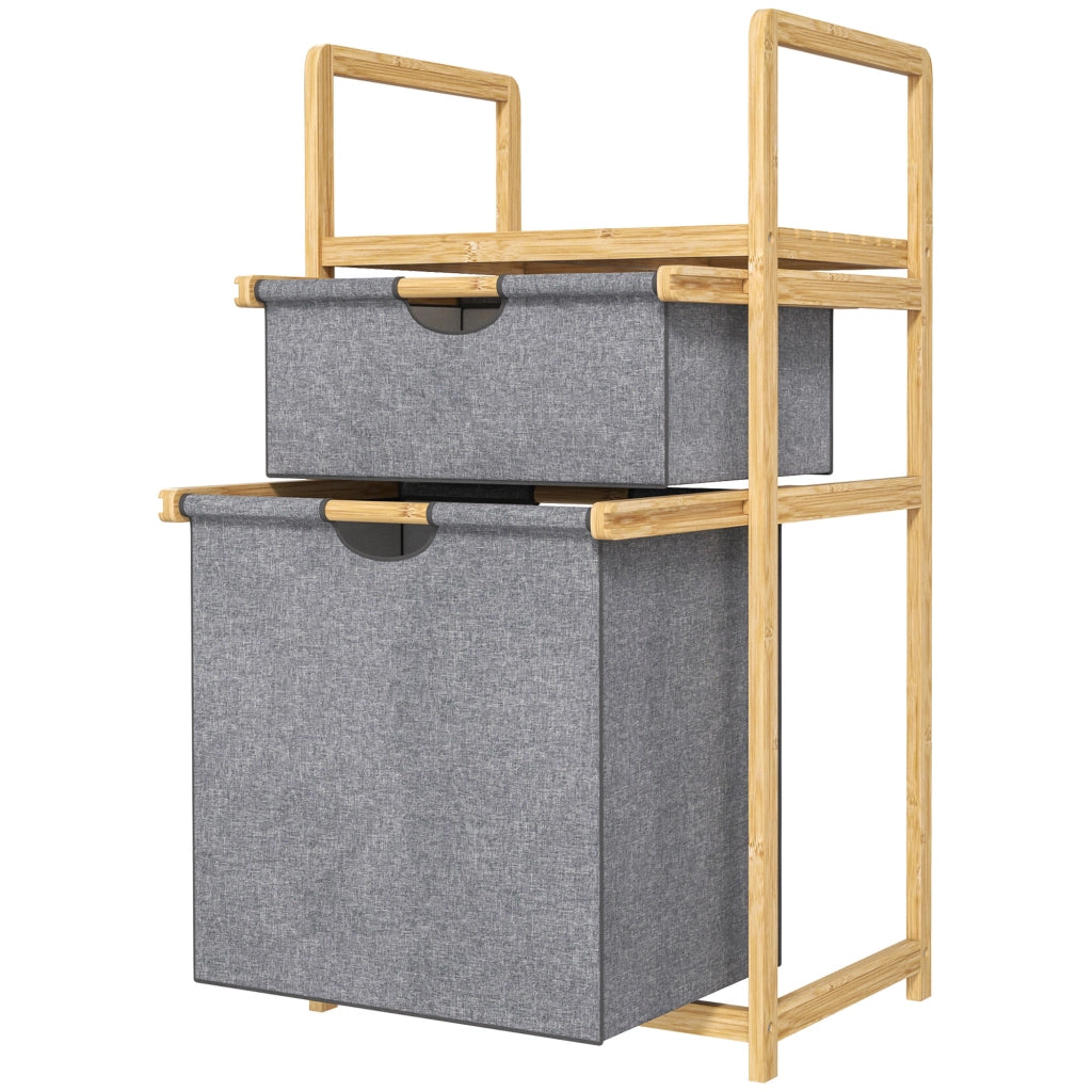 Cestino per il bucato in bamb¨´ con 2 sacchetti in tessuto scorrevoli e ripiano a doghe ¨C Minimal ¨C naturale
