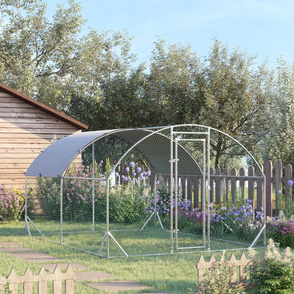 Recinto per Galline in Metallo Galvanizzato con Tetto e Copertura Anti UV, 280x380x197 cm, Argento