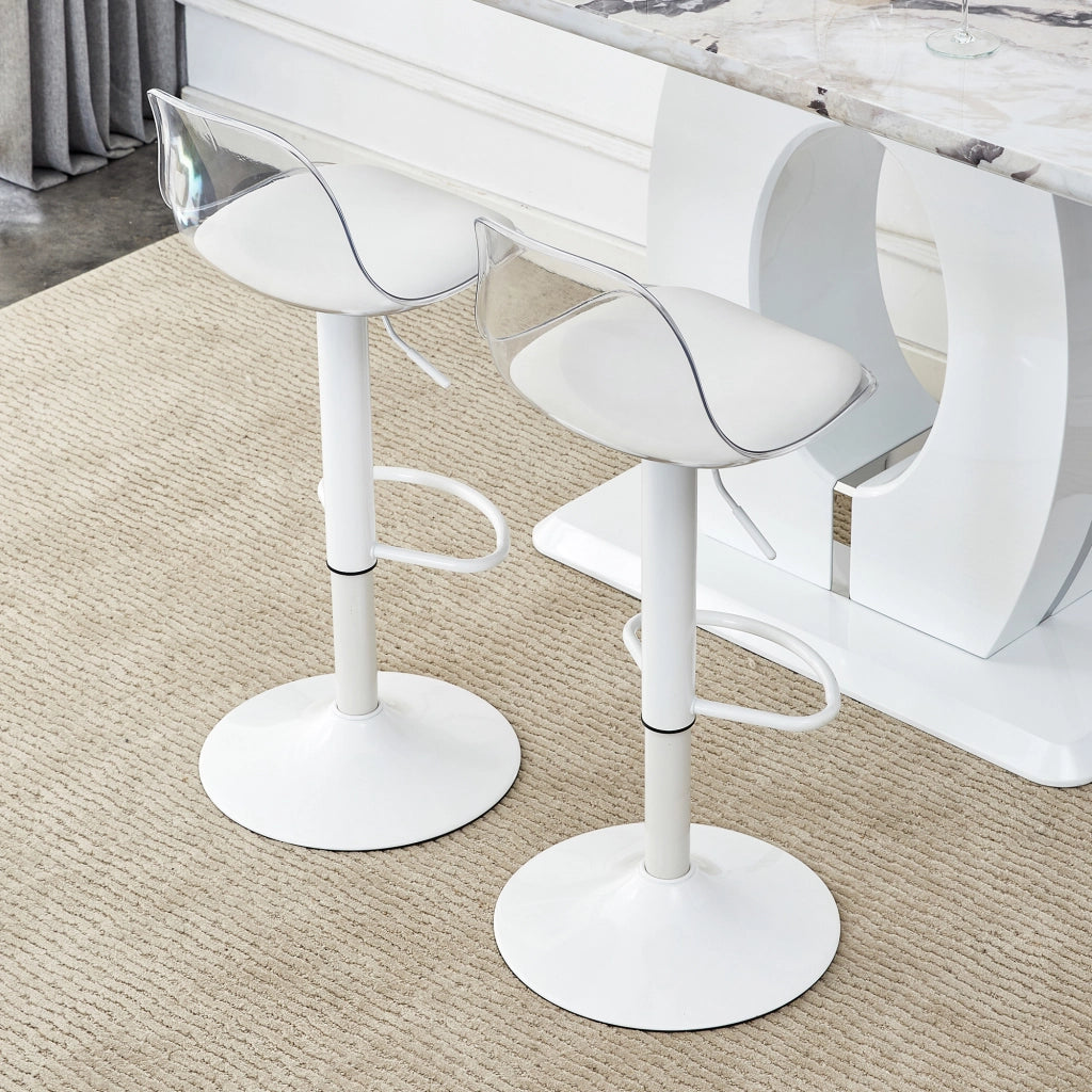 Set da 2 sedie a trave regolabili: schienale trasparente + gambe in metallo bianco, altezza regolabile da 82 a 104 cm, rotazione a 360¡ã.