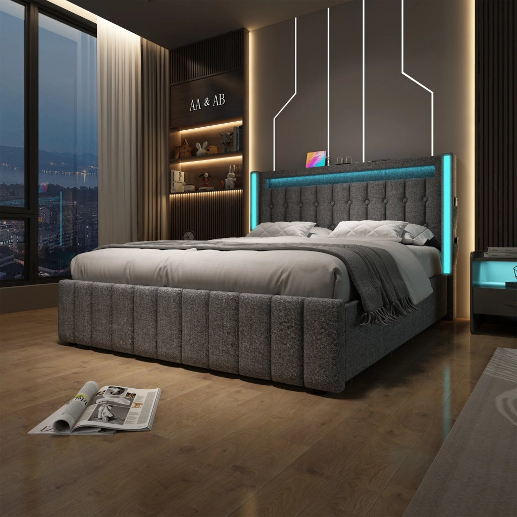 DESMIU Lit Con Cassetti 140 × 200 cm 2 posti, USB Type-C, LED, 4 cassetti, con materasso, in lino, grigio