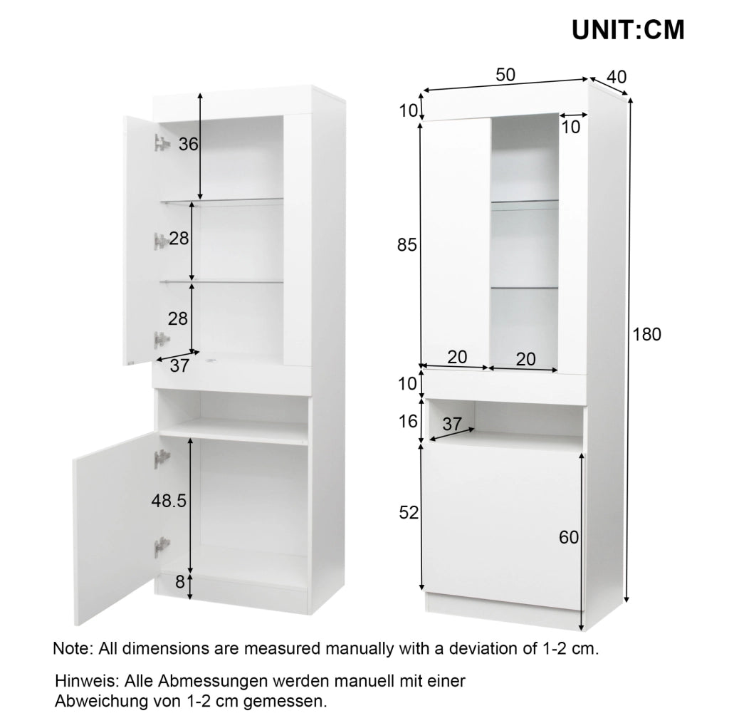 Vetrina moderna 50 x 40 x 180 cm bianca con LED USB; ante in finitura lucida e ripiani in vetro