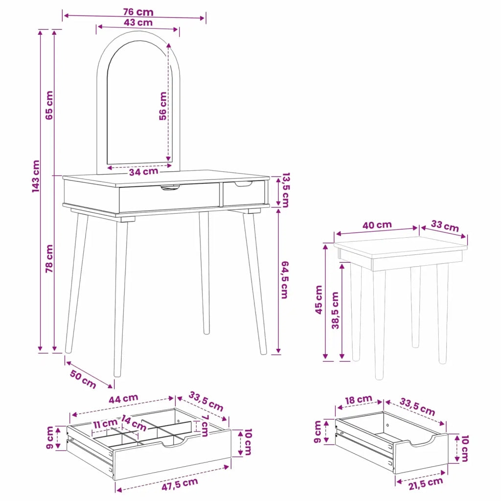 Set Tavolo da Trucco FAUSKE 3 pcs Bianco 76 x 50 x 143 cm 3438587