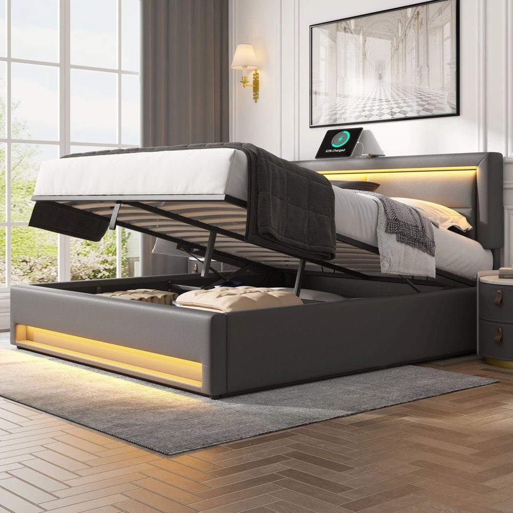 Letto Imbottito Contenitore ¨C MINIMAL ¨C Grigio, LED, USB, 140x190
