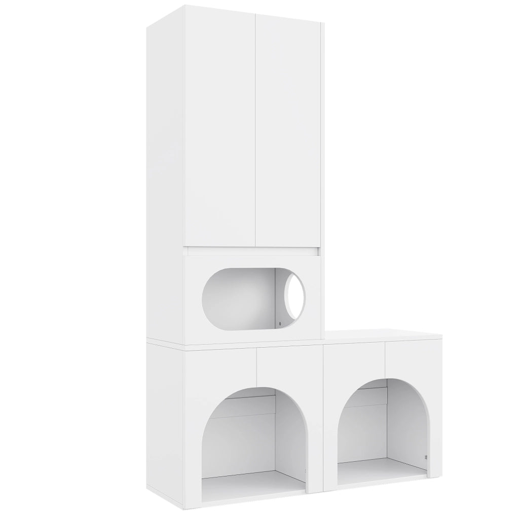 Mobile Lettiera per 2 Gatti 140×45×195 cm con Zona Relax; Armadio Contenitore e Doppio Vano; Bianco