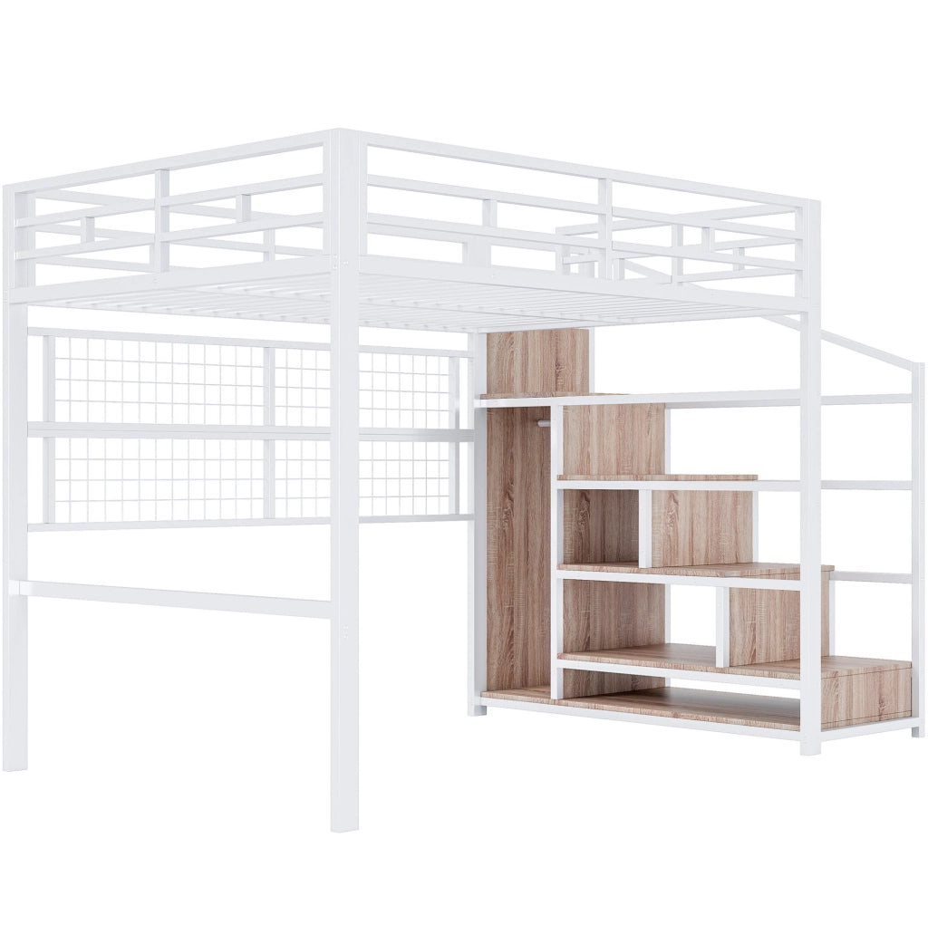 Letto a soppalco 140x200 cm in metallo bianco con scala contenitore; griglia portaoggetti e LED 7 colori