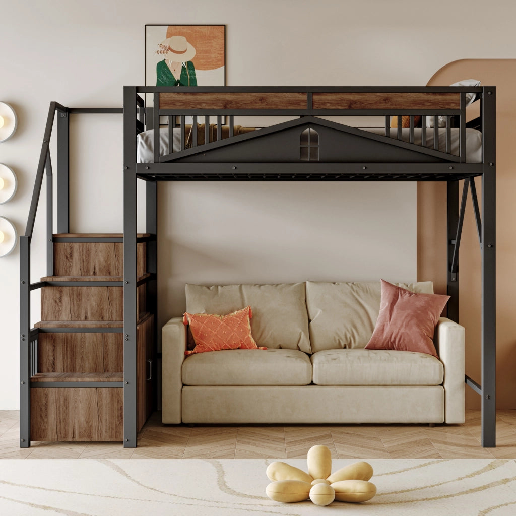 Letto a soppalco in metallo con scala contenitore; protezione a finestra e spazio sotto il letto; nero; 140x200 cm; senza materasso