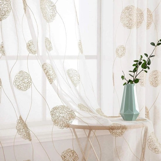 Modern tenda con bordura dorata - Tela trasparente - Decorazione per soggiorno e camera da letto - 2 pezzi corti - 140 x 160 cm.