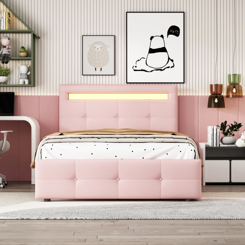 LETTO 90x200 cm Rosa con LED e 2 cassetti