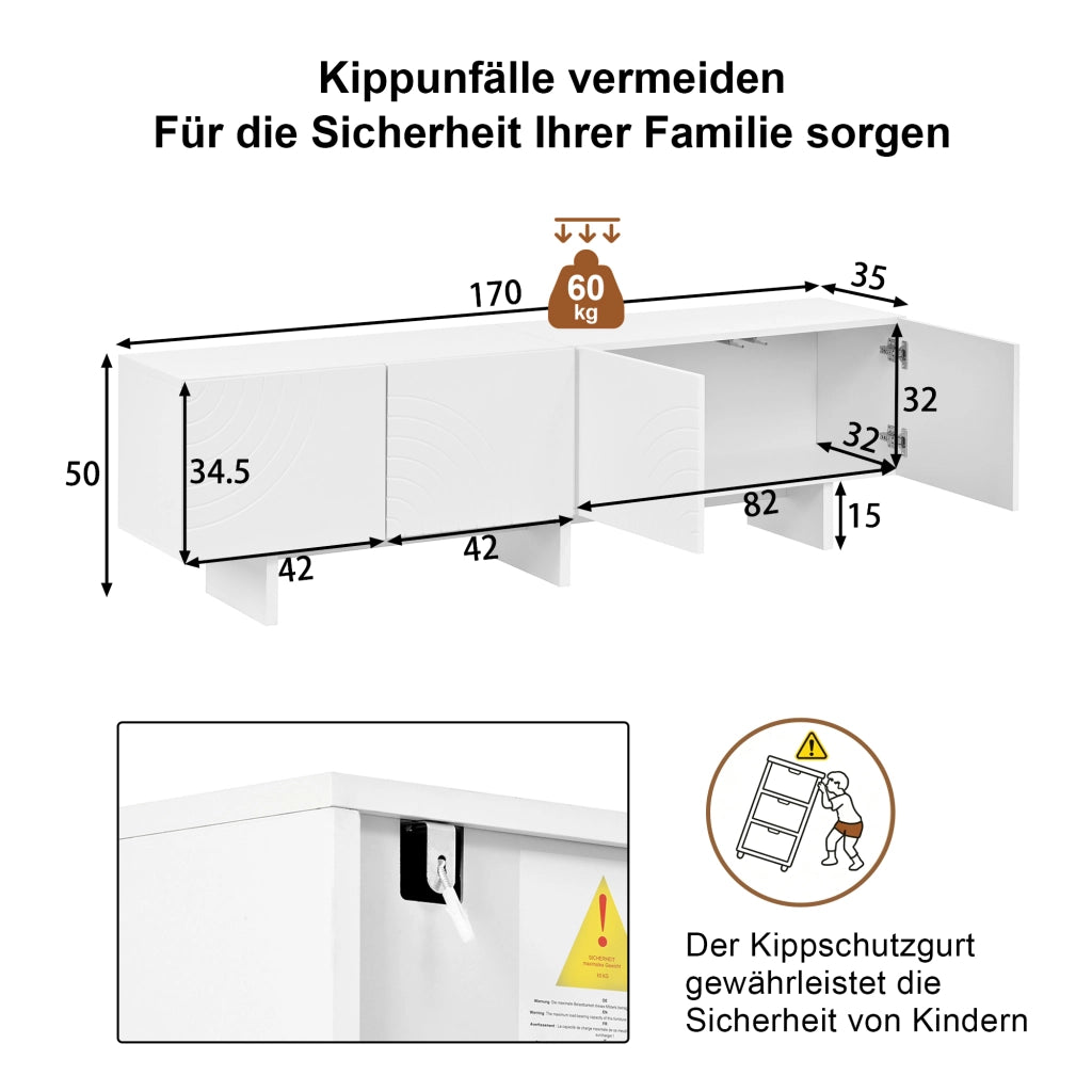 Mobile porta TV con 4 ante e motivi ad arco, vani contenitore, in MDF e truciolare, bianco, 170 × 35 × 50 cm