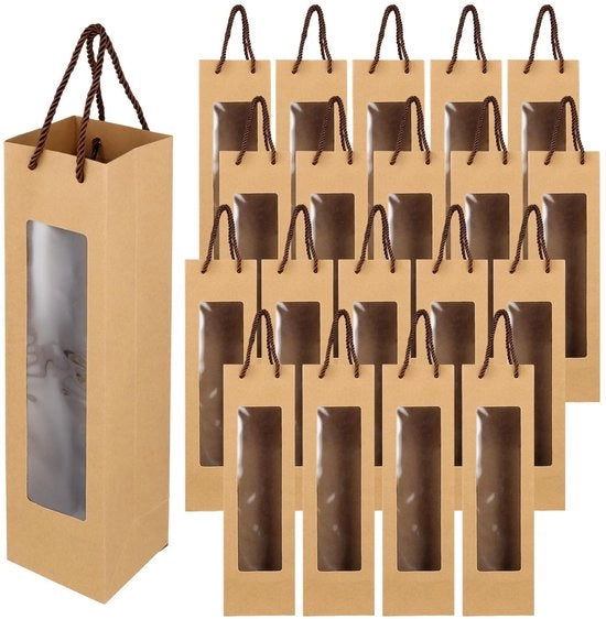 Sacche per bottiglie di vino - Pergamena - Finestra di osservazione - Marrone - Sacchetti regalo - 20 pezzi - Per matrimoni e feste