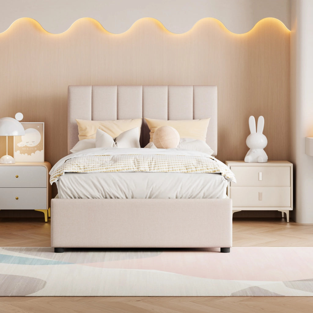 Letto Contenitore Imbottito Singolo ¨C MINIMAL ¨C 90x200, Tessuto Beige, Idraulico