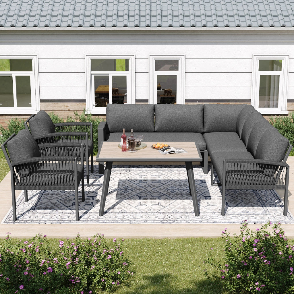 OKWISH Set da 6 Pezzi da Giardino con 1 Divano Grande, 2 Divani Piccoli, 2 Poltrone e 1 Tavolo, Metallo Legno Grigio