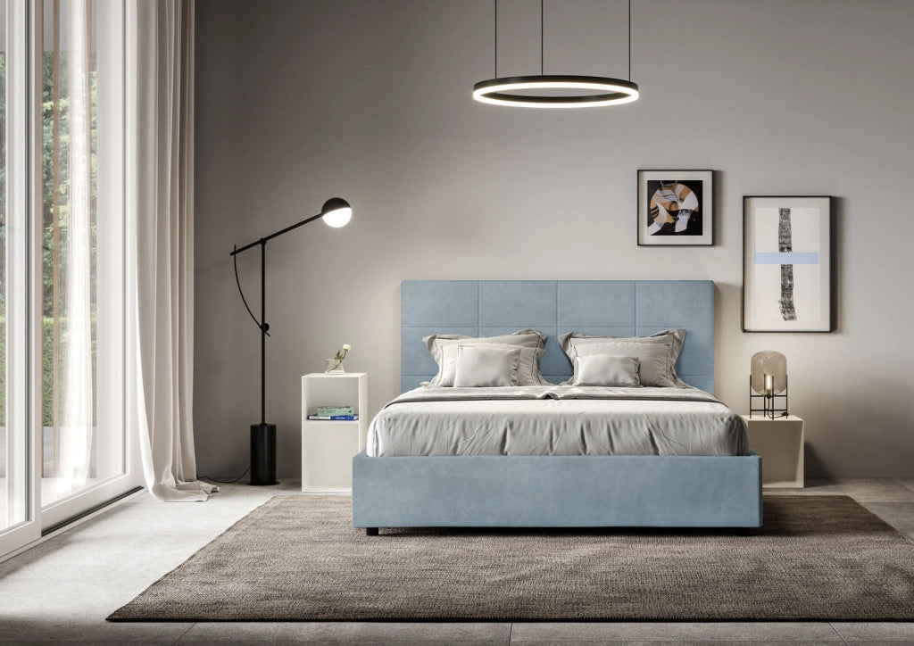 Letto queen size senza rete imbottito 150x190 microfibra blu Mika