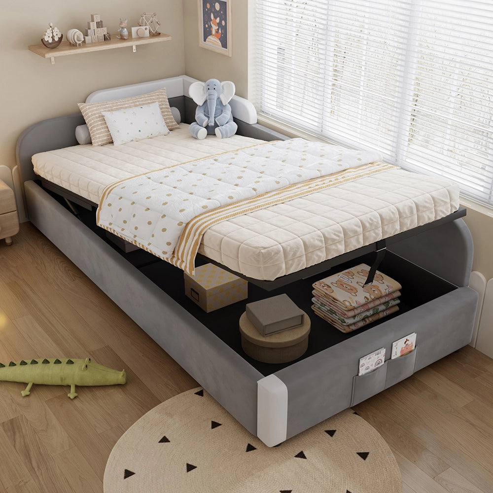 Letto Singolo Idraulico con Contenitore 90x200cm - Xylo - Velluto Grigio con Sponde Morbide