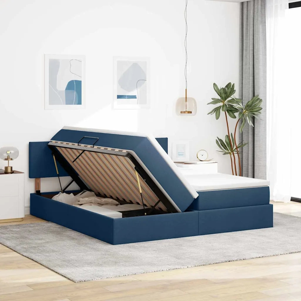 Letto con luci a strisce a LED Blu 180 x 200 cm Tessuto