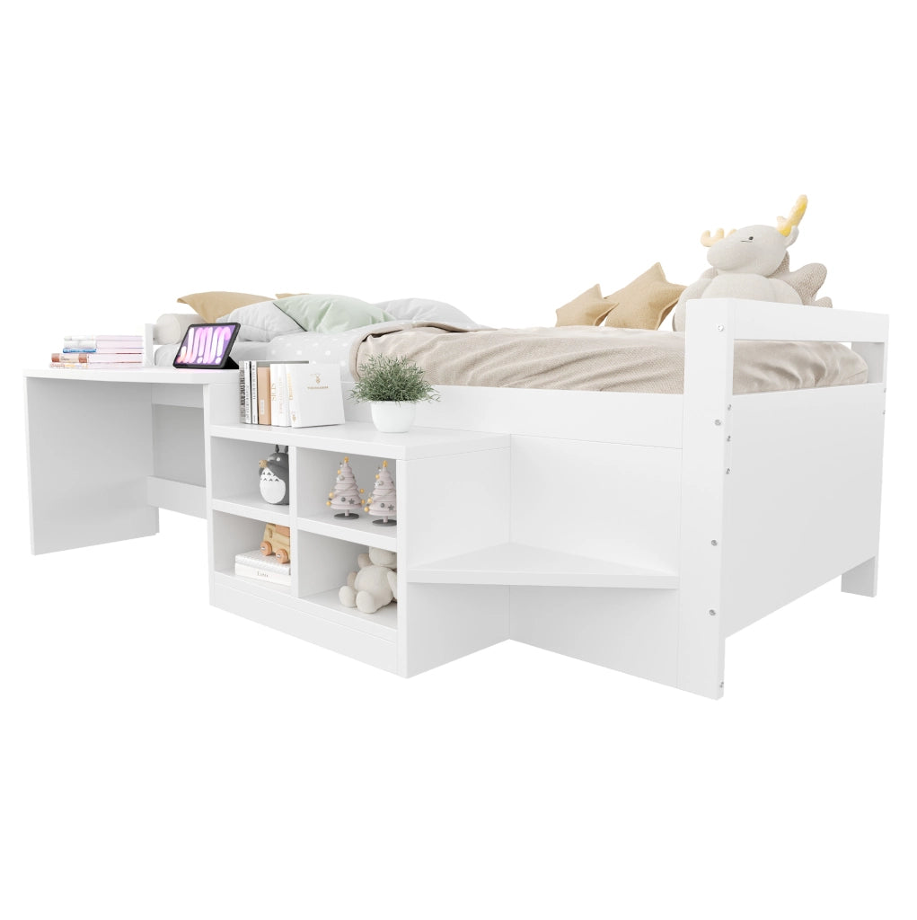 Letto singolo multifunzione 90x200 cm con scrivania; vani contenitore e prese USB; bianco