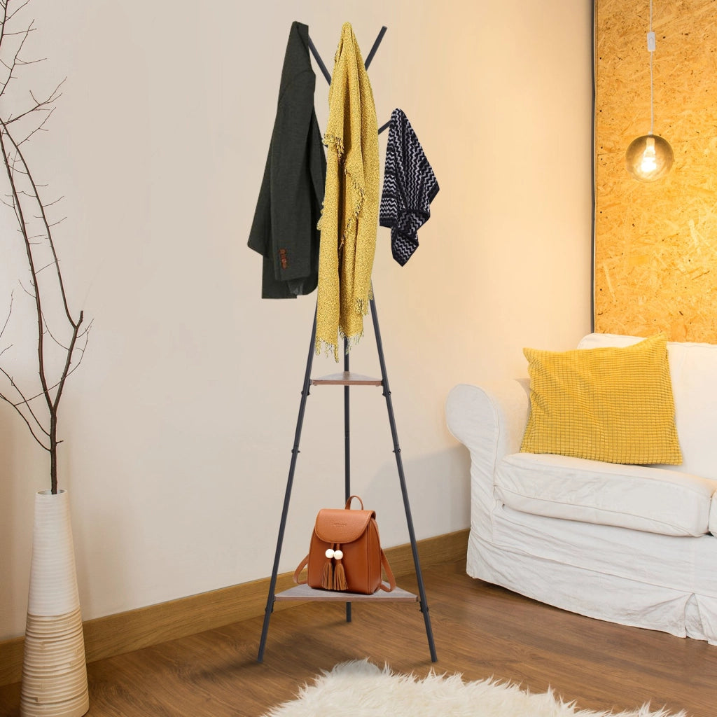 EasyComfort Appendiabiti da Terra con 2 Ripiani e 6 Ganci, Attaccapanni ad Albero in Stile Industriale, 46x52x182 cm, Nero e Marrone