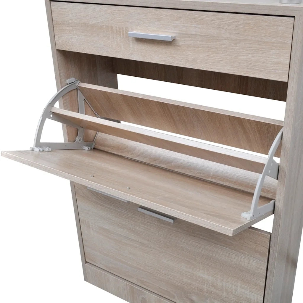Scarpiera con 1 Cassetto e Mensola-Scaffale per scarpe Vetro Sopra in Legno Rovere