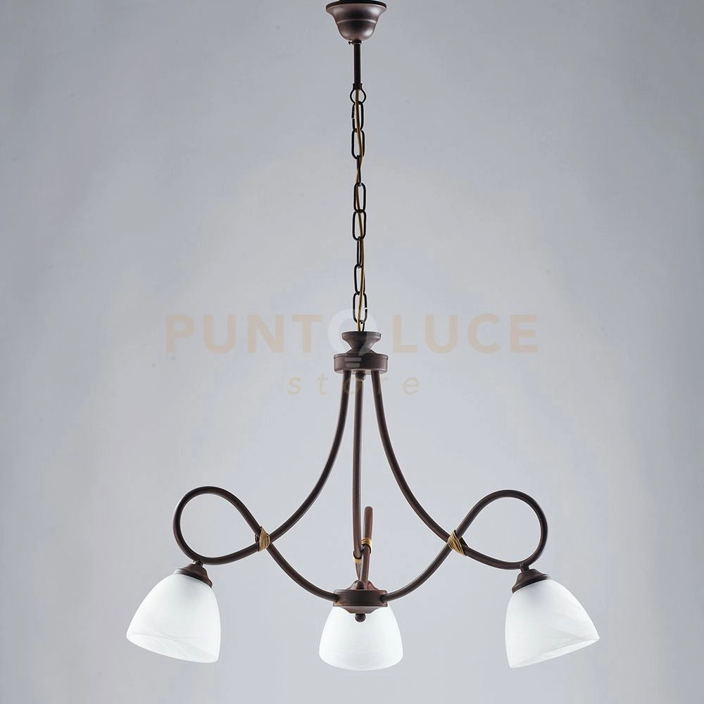 Lampadario in ferro laccato nero con decorazione effetto ruggine e rifiniture oro antico con diffusori in vetro diametro 13 alabastro bianchi 3 luci