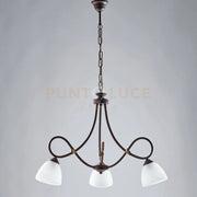 Lampadario in ferro laccato nero con decorazione effetto ruggine e rifiniture oro antico con diffusori in vetro diametro 13 alabastro bianchi 3 luci