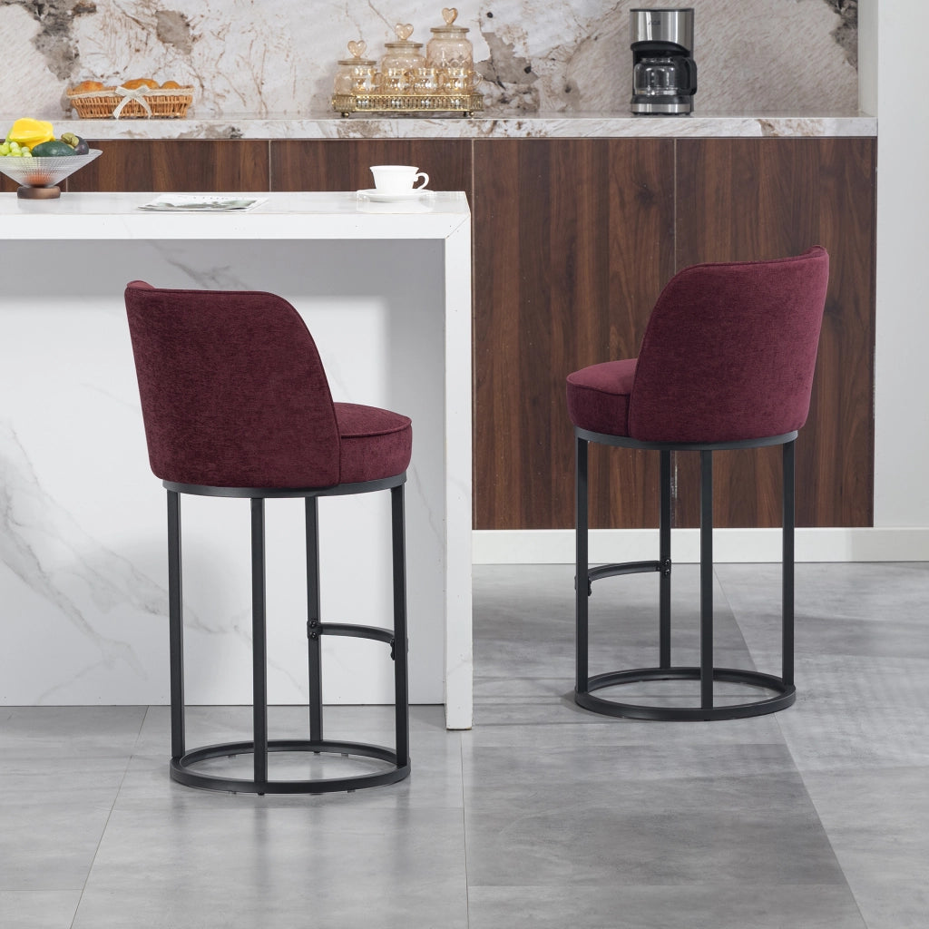 Sgabello da Bar con Schienale Ergonomico e Poggiapiedi, Struttura in Metallo, in Lino Rosso Vino