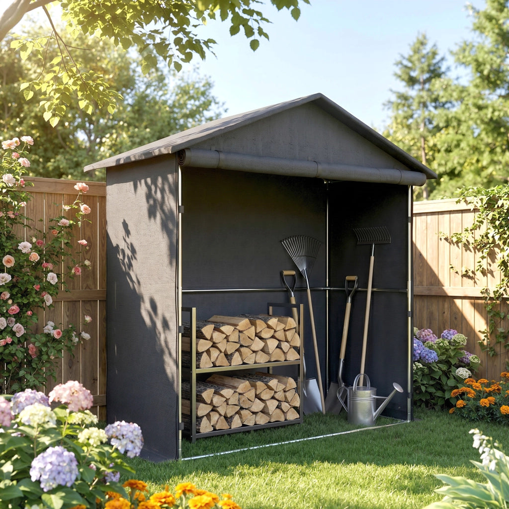 Capanno da Giardino 1.1x2 m con Porta Avvolgibile, Tenda Garage per Bici e Moto, Grigio Scuro