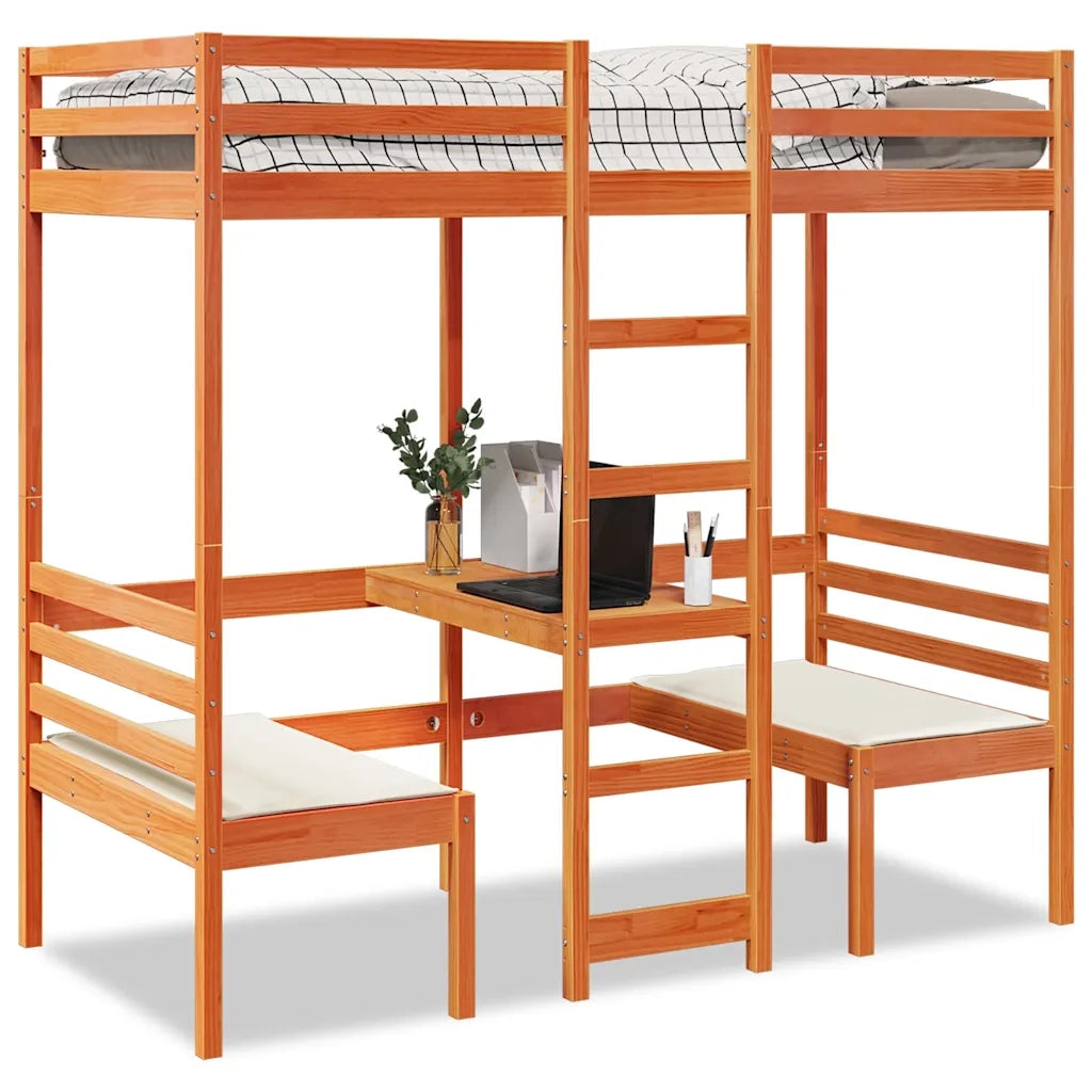 Giroletto Soppalco Scrivania e Sedie-Struttura Letto Marrone Cera 80x200cm Pino