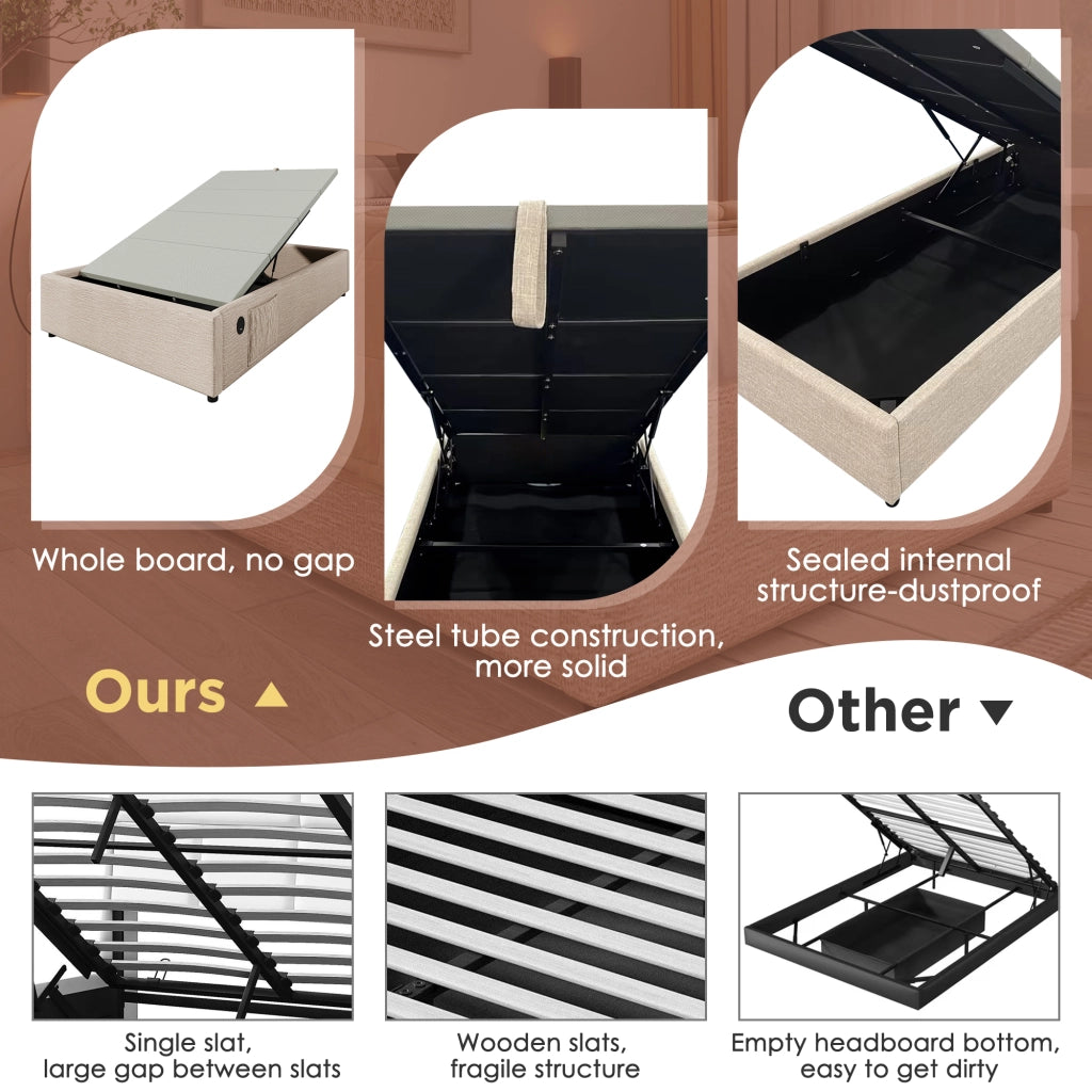 OKWISH Letto contenitore 90×200 cm, Letto Singolo con USB, Type C e Tasca Laterale, senza Materasso, in Lino, Beige Naturale