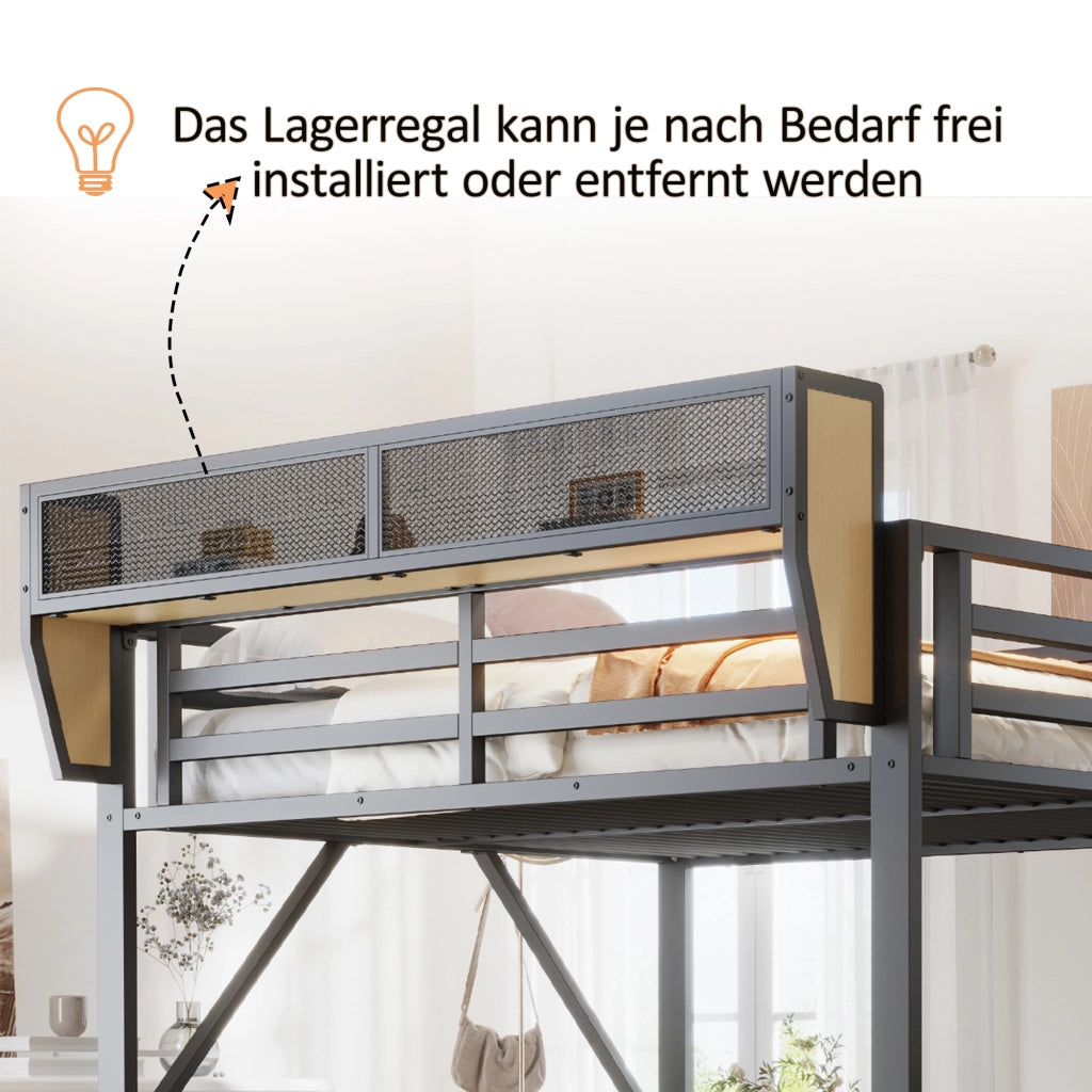 LETTO a soppalco 140x200 cm in metallo nero con scala di sicurezza e ripiano