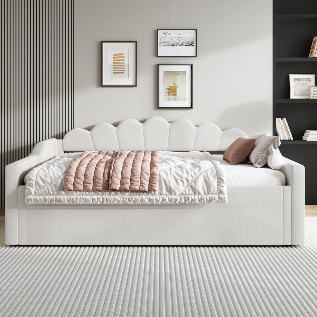Divano letto imbottito 140x200 cm con LED e letto estraibile; beige