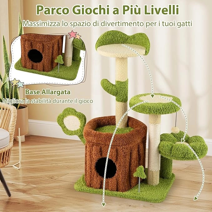 Albero per Gatti, Albero Tiragraffi per Gatto con Condominio Tronco, Trespolo a Fiore, Letto Imbottito, Pompom, Giocattolo a Molla e Piattaforme, Tiragraffi per Gatti da Interno