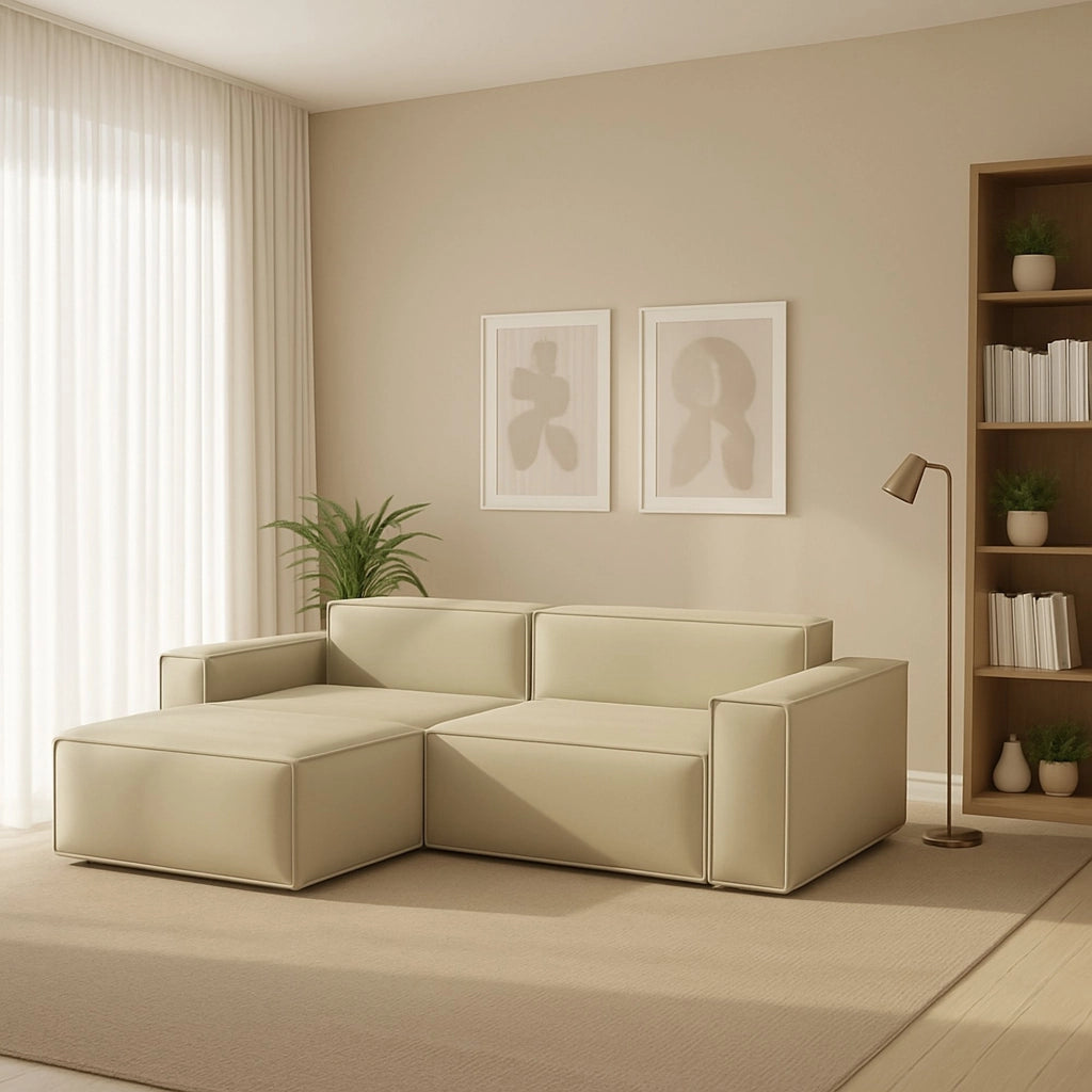 Divano fisso Alhoa, Divano componibile a 2 posti con penisola sinistra, Made in Italy, Sofà\  moderno in tessuto, Cm 220x170h70, Beige