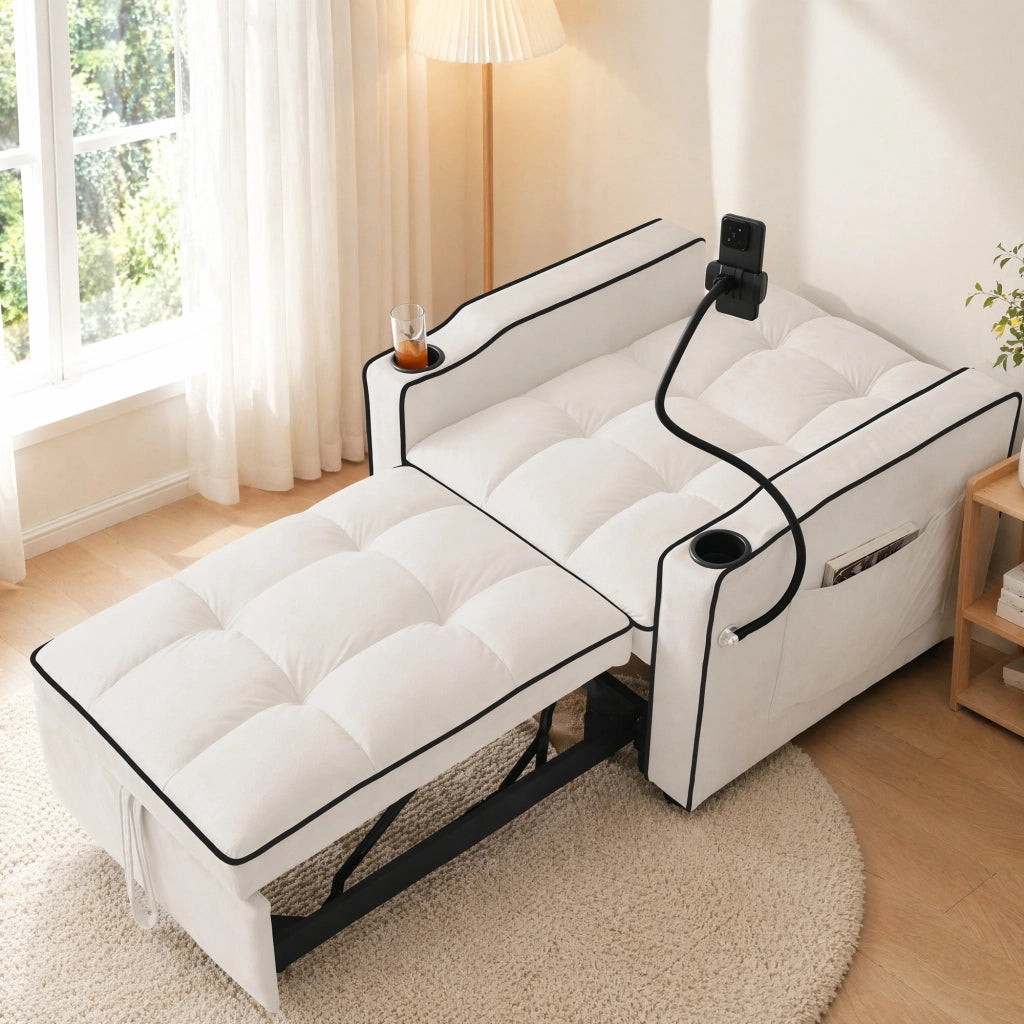 Divano letto singolo 3 in 1 estensibile con portabicchieri, porta cellulare e tasca laterale, beige, 83x167x76 cm