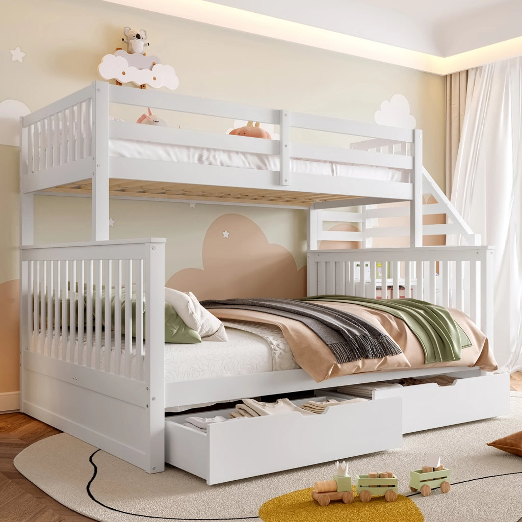 Letto a castello con cassetti in pino bianco 90x200 su 140x200 cm