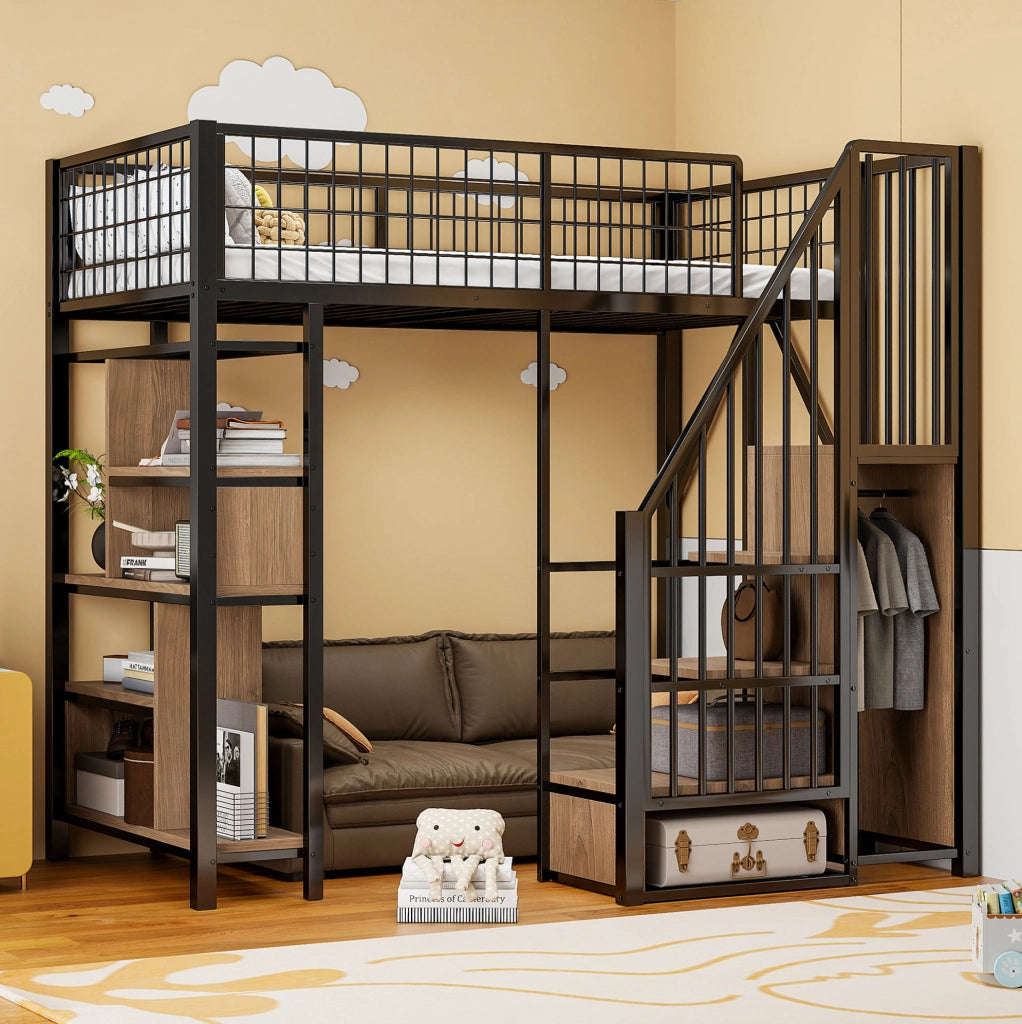 Letto a soppalco 90x200 cm con scala contenitore e vani portaoggetti