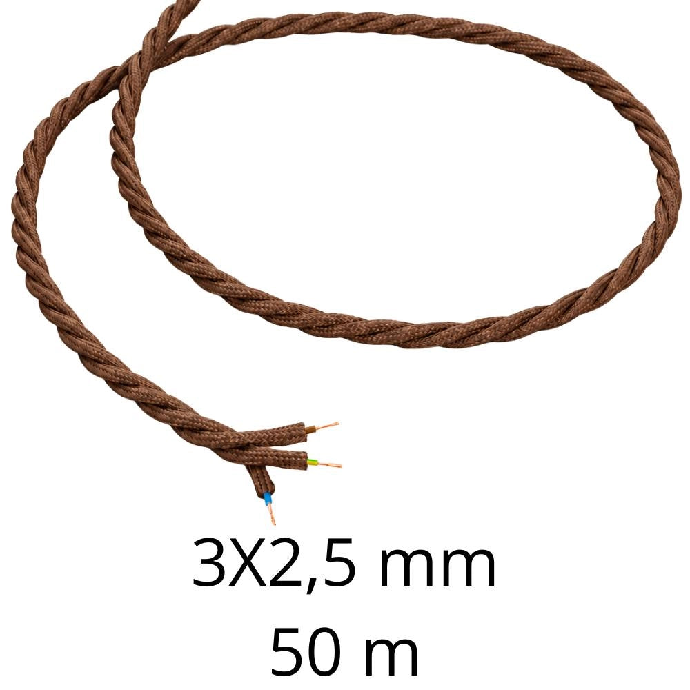 Cavo elettrico intrecciato in tessuto marrone per impianti a vista *** lunghezza metri 50, sezione conduttore 3x2,5mm...