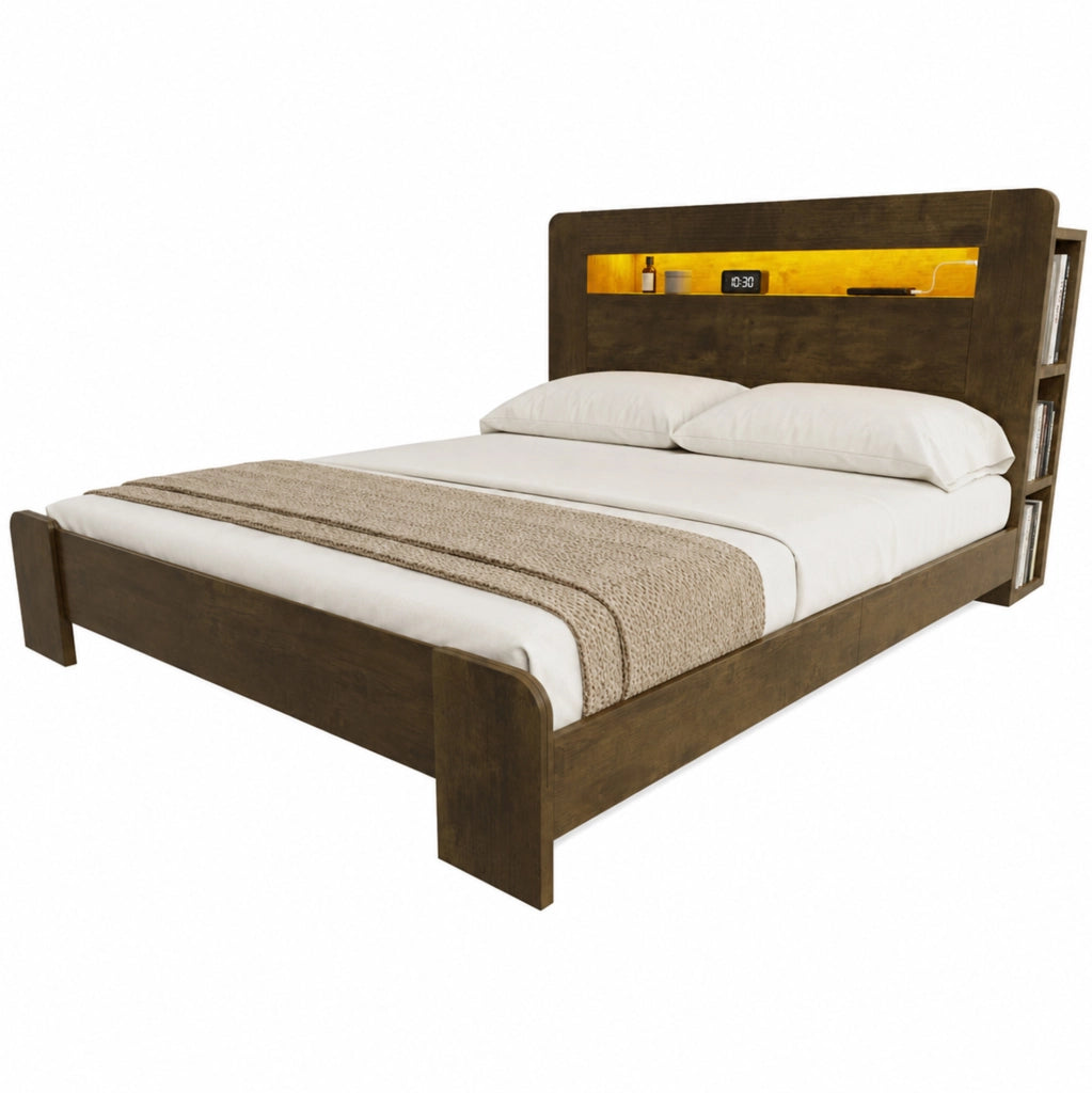 Letto matrimoniale 140x200 cm con contenitore, LED e prese integrate