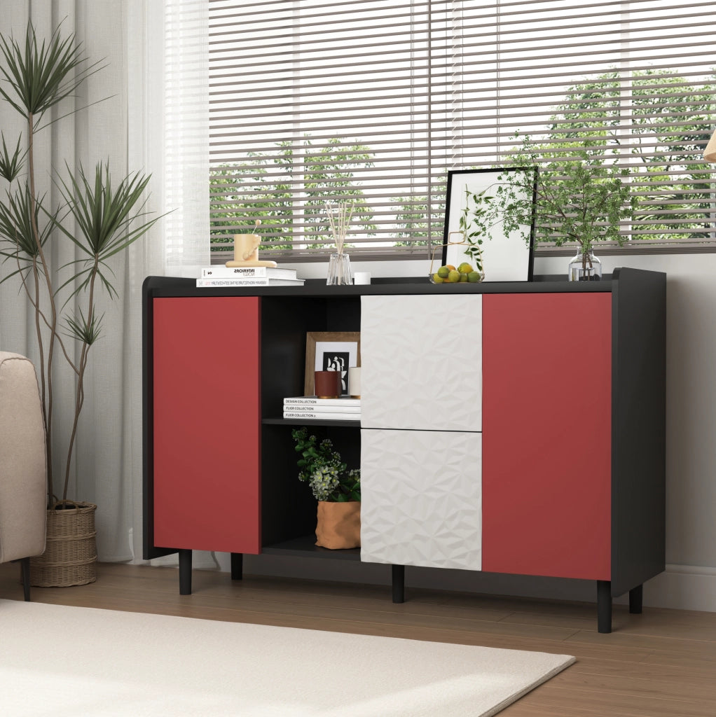 Credenza buffet con 2 cassetti e vano aperto 120x40x80 cm in MDF nero e rosso