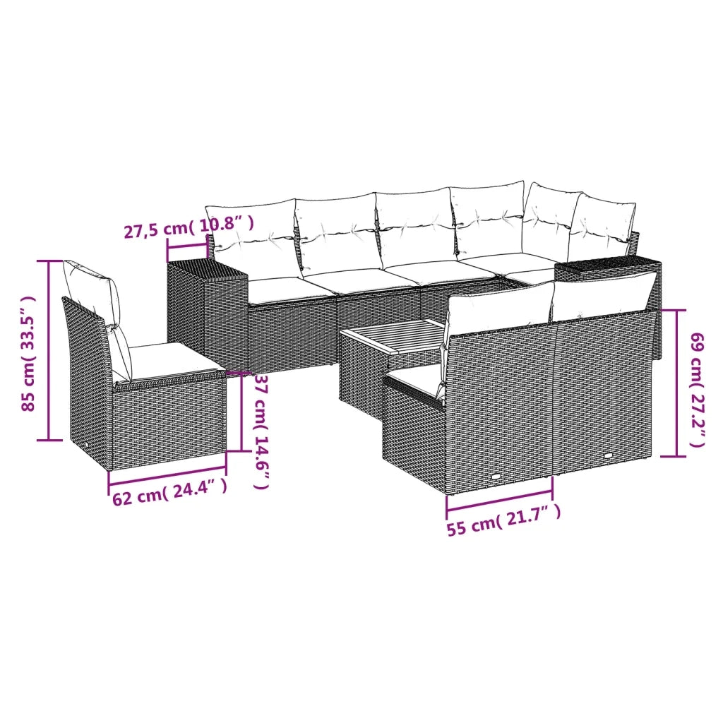 Set Divano da Giardino 9 pz con Cuscini Grigio in Polyrattan 3225486