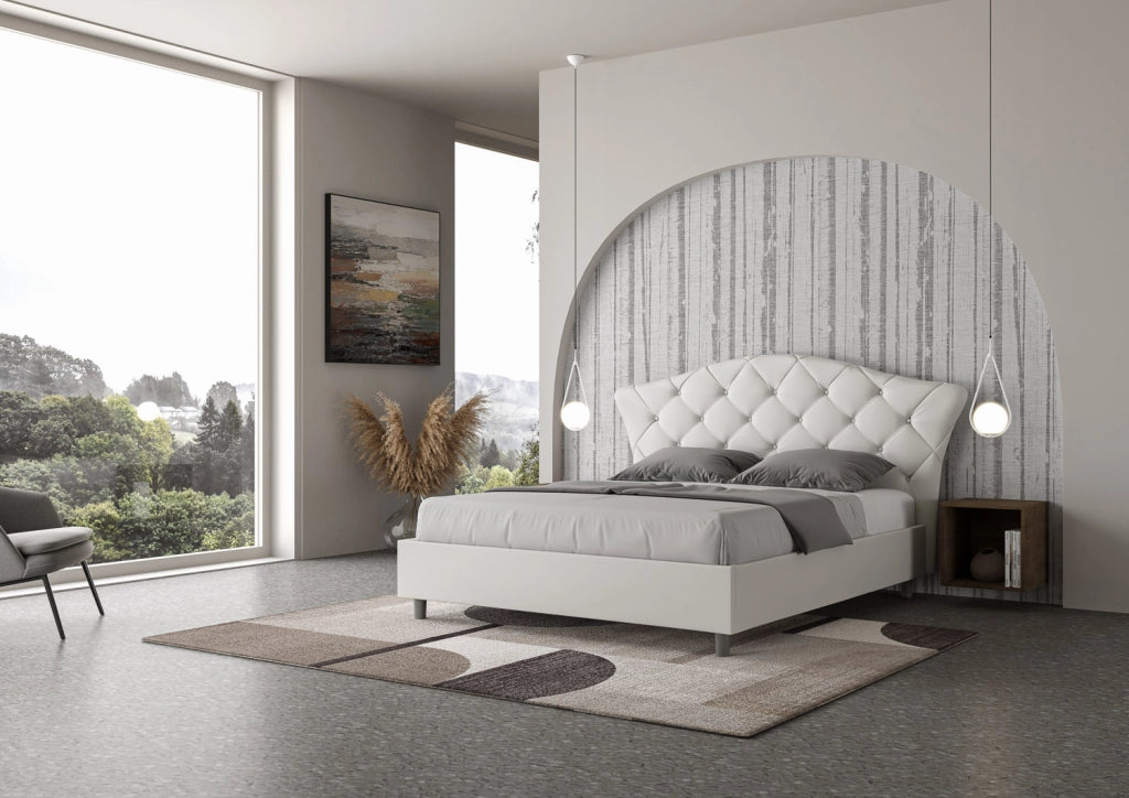 BS COM Letto matrimoniale contenitore doppia alzata imbottito 160x190 similpelle bianco