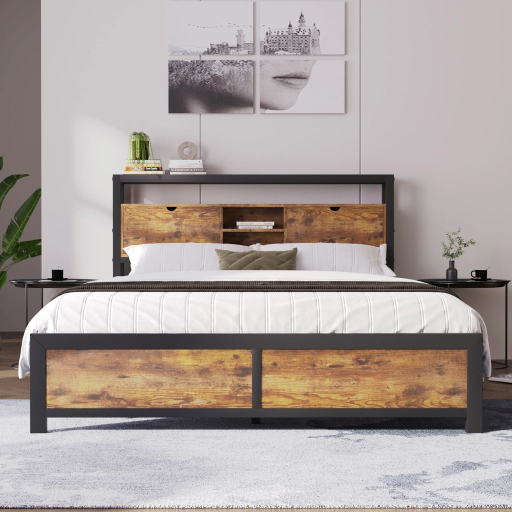 DESMIU Letto matrimoniale 140 × 200 cm con testiera portaoggetti, struttura in metallo e legno, senza materasso, naturale