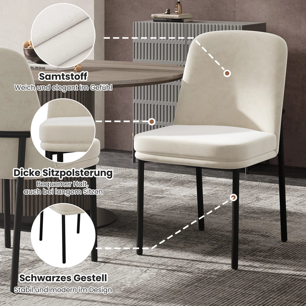 Sedie da pranzo moderne, 2 pezzi in velluto beige con seduta imbottita, struttura in metallo e design minimalista