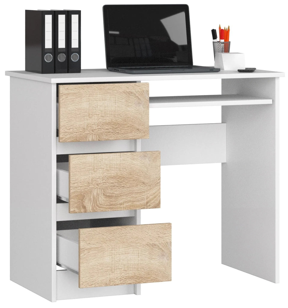 Scrivania per computer AKORD A6 Bianco 90 cm 3 cassetti inserto frontale Sonoma Quercia 90x50x77 cm Modello a sinistra