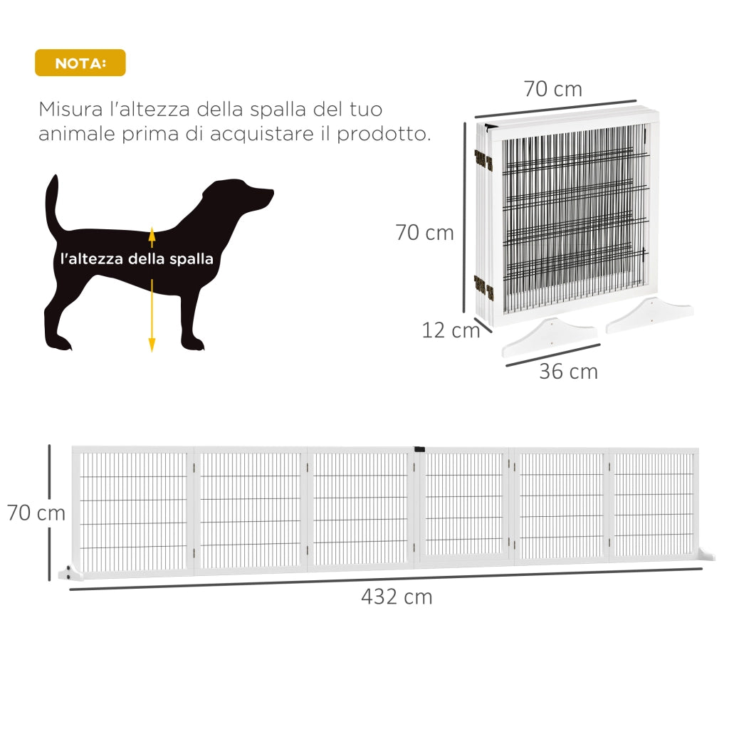 Recinto per Cani Pieghevole a 6 Pannelli ¨C Xylo ¨C Legno e Acciaio, 432x36x70 cm, Bianco