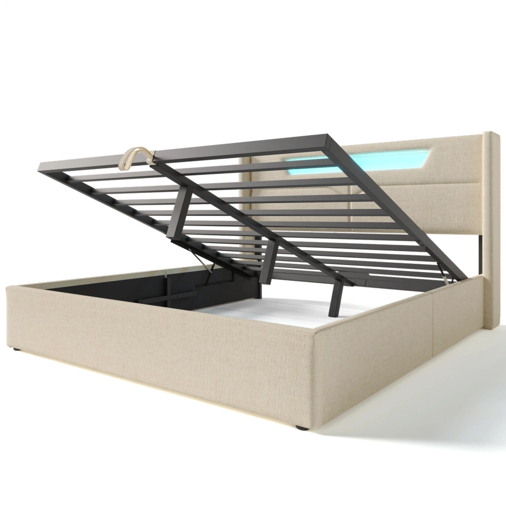 Letto matrimoniale imbottito 140x200 cm in lino beige con LED; USB e Type-C