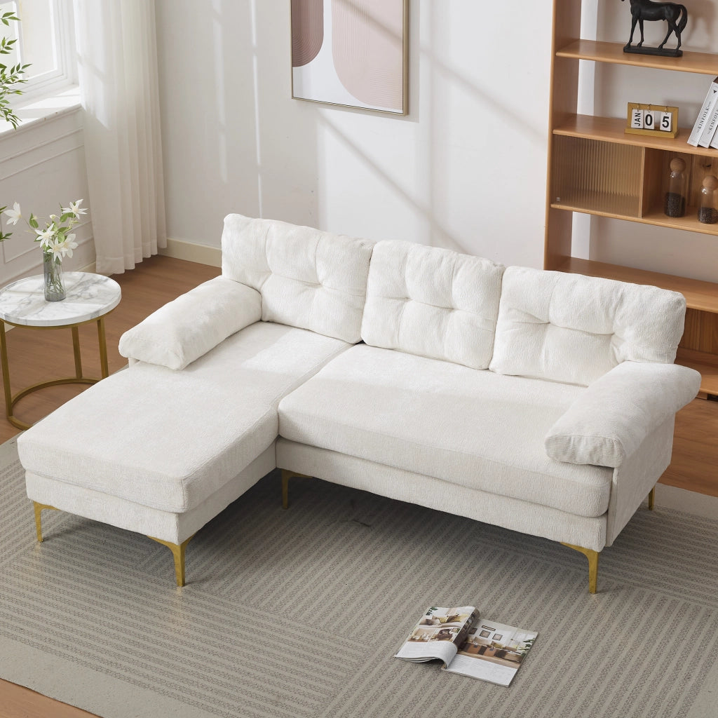 Divano angolare reversibile 3 posti con cuscini e braccioli, in ciniglia, Beige, 187.5 × 130 × 79 cm